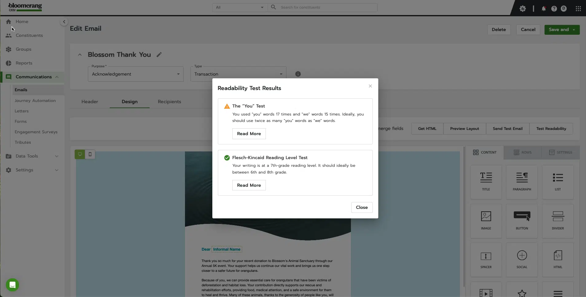 Screenshot of CRM dashboard that displays how Bloomerang's email communication feature helps you assess your communications for readability to help improve donor engagement and retention.