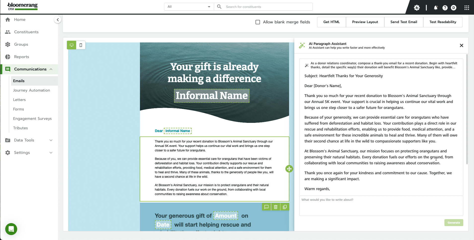 Screenshot of CRM communications tab that shows how AI assistant improves messaging to donors, quickly and more effectively