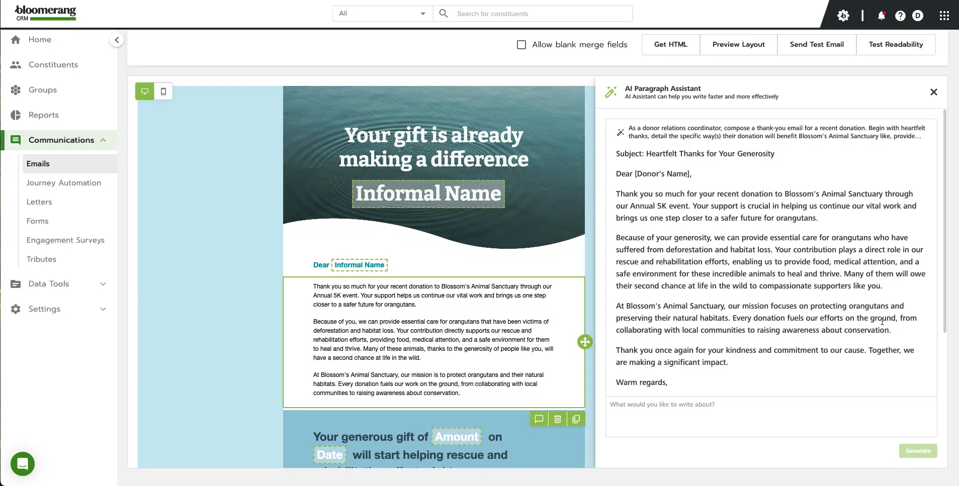 Screenshot of CRM communications tab that shows how AI assistant improves messaging to donors, quickly and more effectively