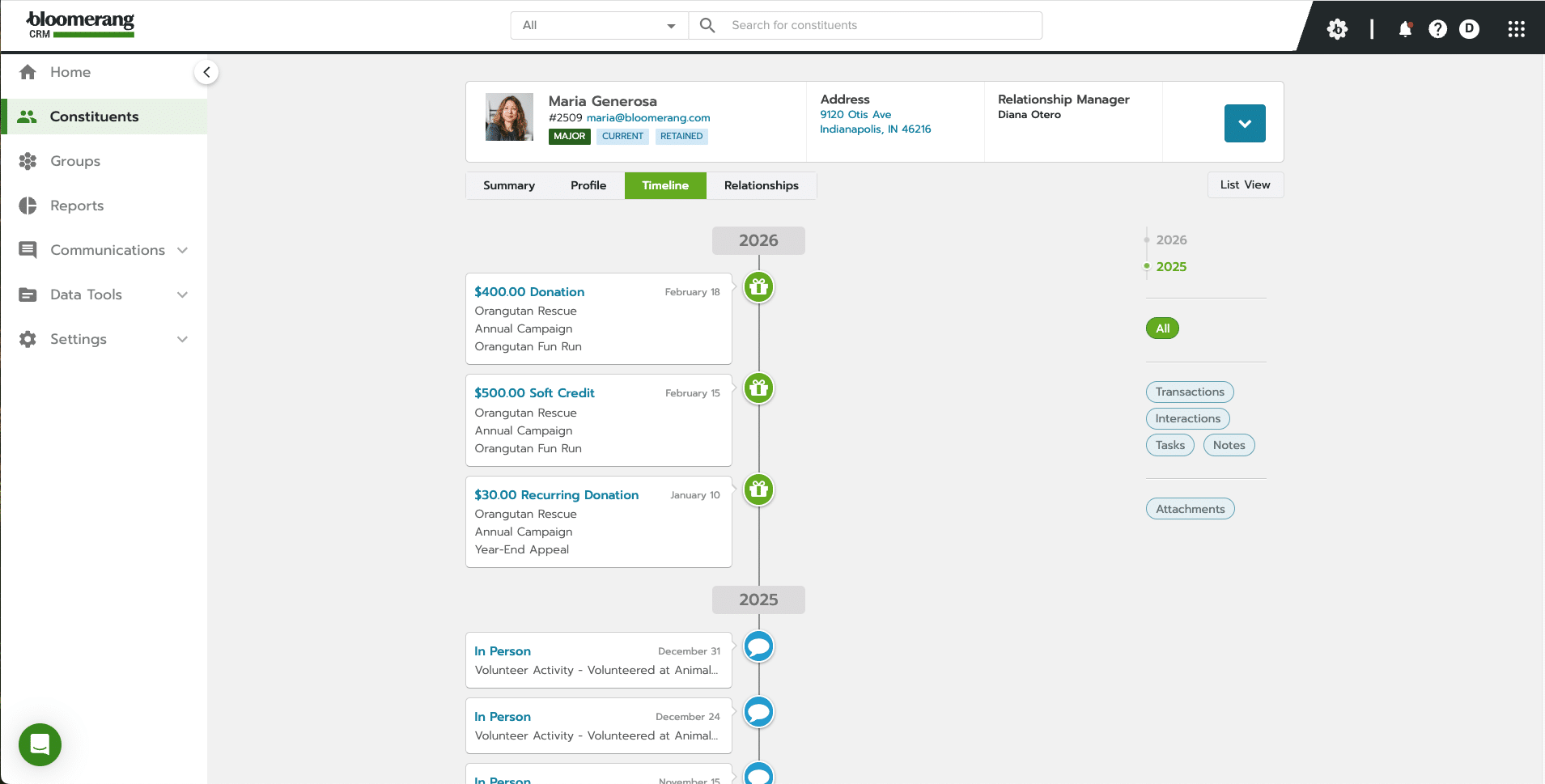 Screenshot of CRM that displays how to never miss an interaction with a constituent timeline that updates automatically