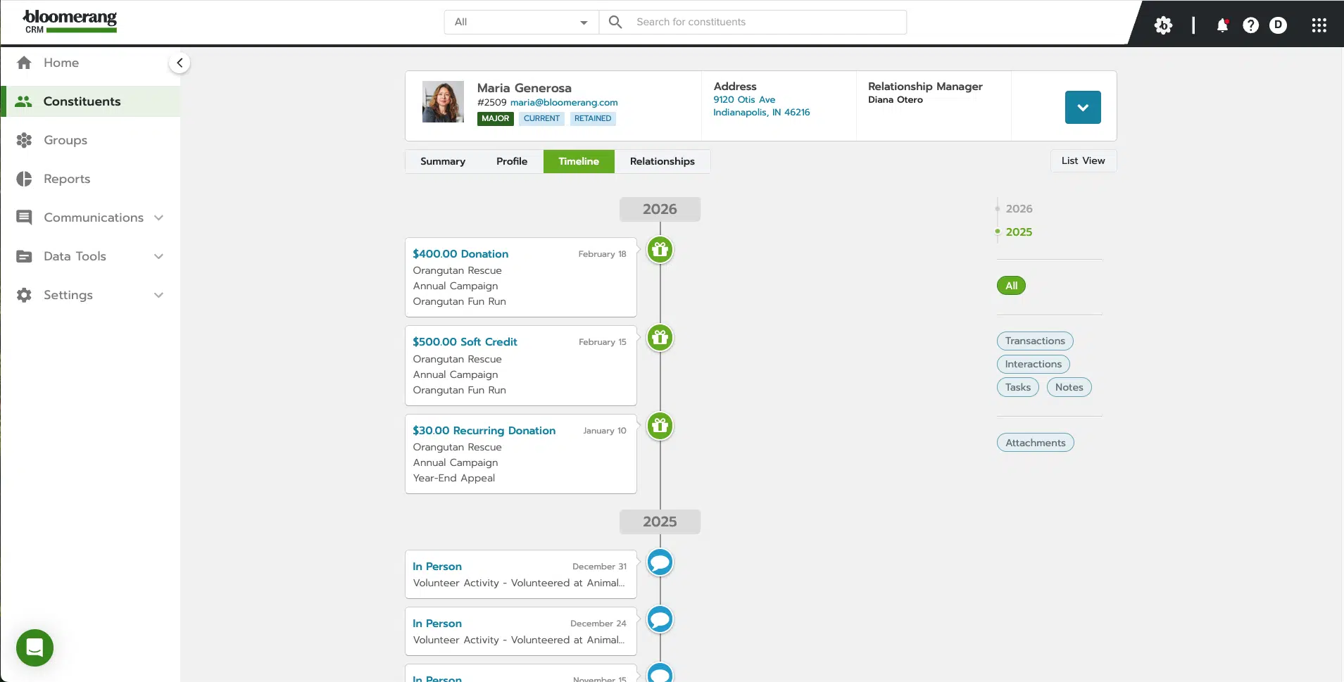 Screenshot of CRM that displays how to never miss an interaction with a constituent timeline that updates automatically