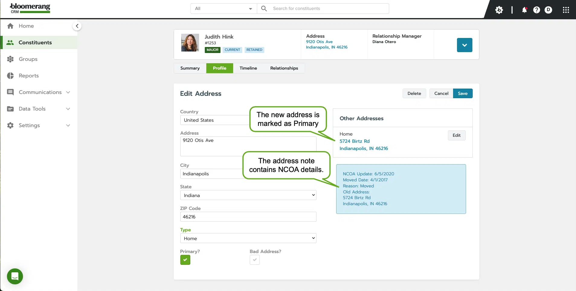 screenshot of crm dashboard that displays how addresses are automatically updated in the Bloomerang database every night, and changes are displayed in the address note.