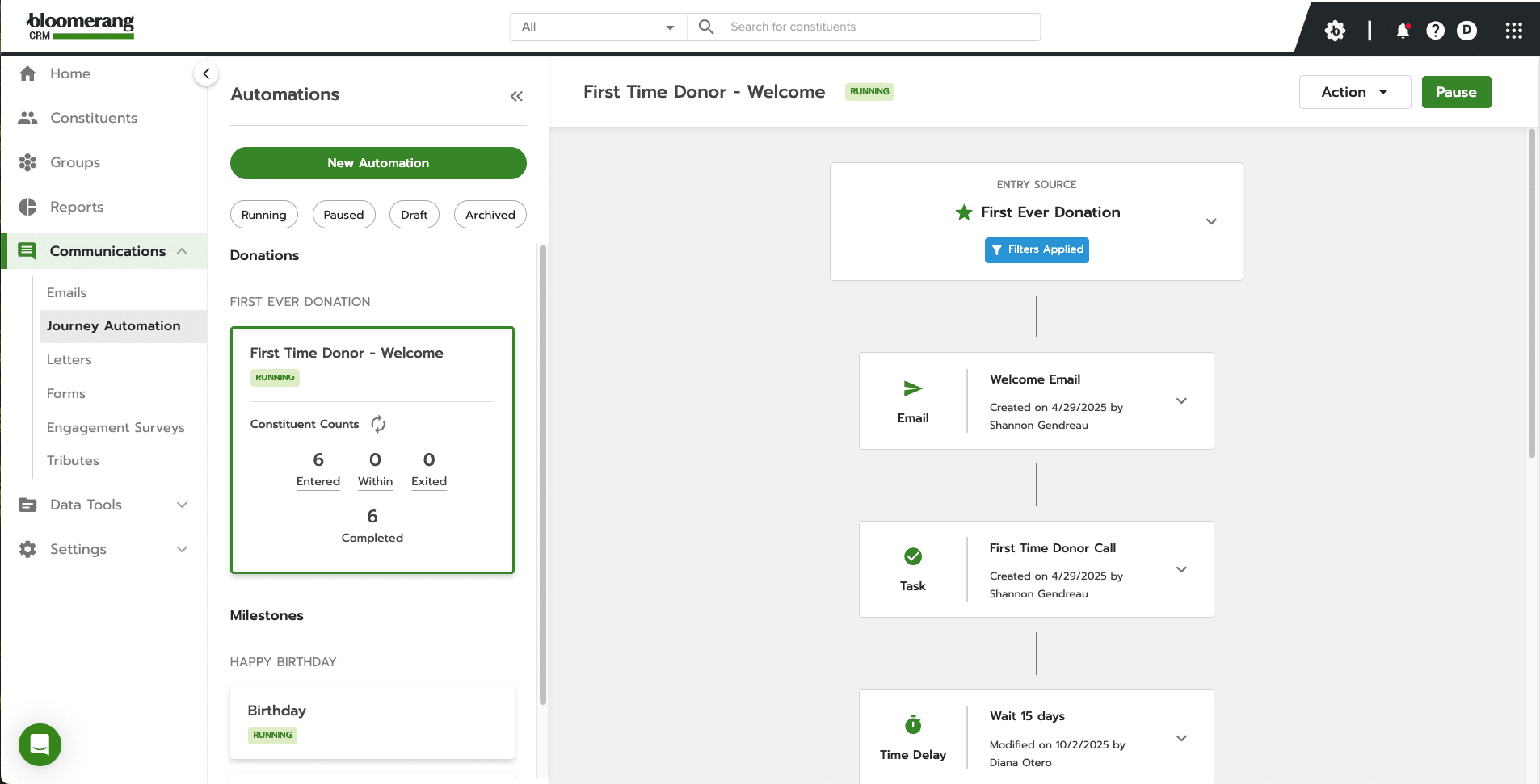 Screenshot of crm dashboard that shows how Journey Automation lets you automatically follow up with new donors through customized emails and tasks—ensuring every first-time donor feels appreciated from day one.