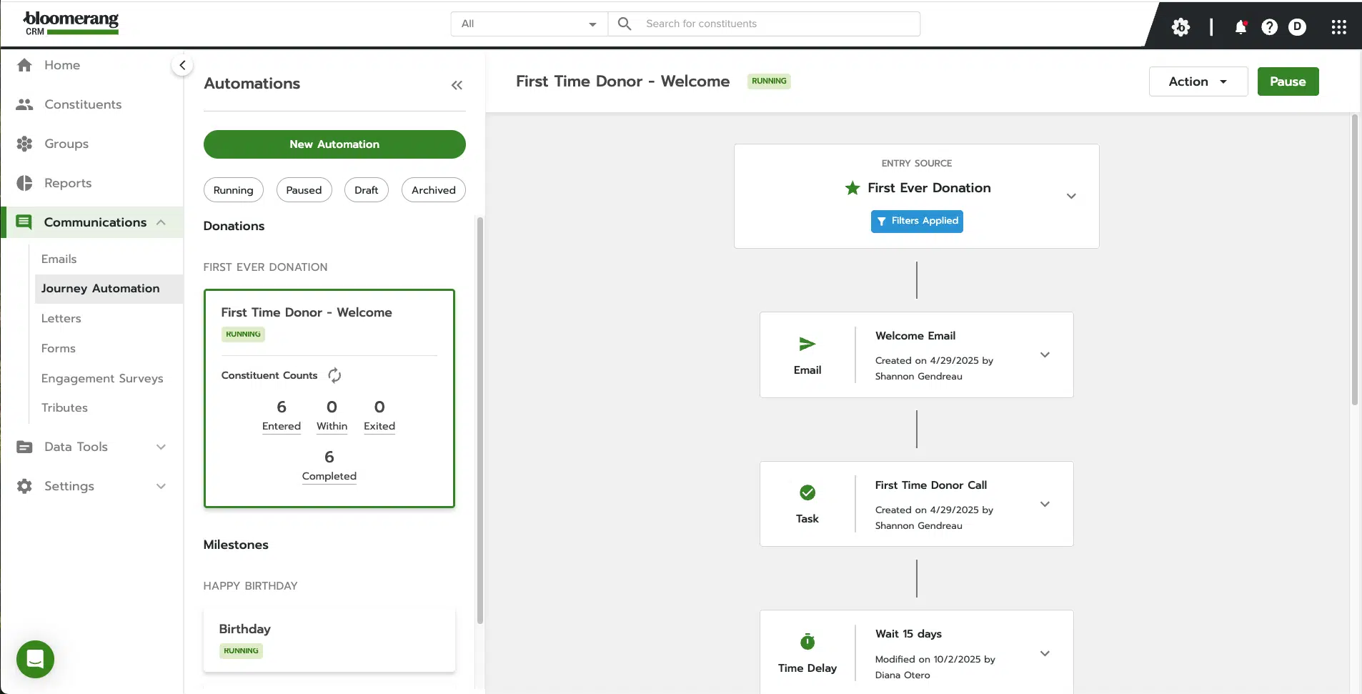 Screenshot of crm dashboard that shows how Journey Automation lets you automatically follow up with new donors through customized emails and tasks—ensuring every first-time donor feels appreciated from day one.