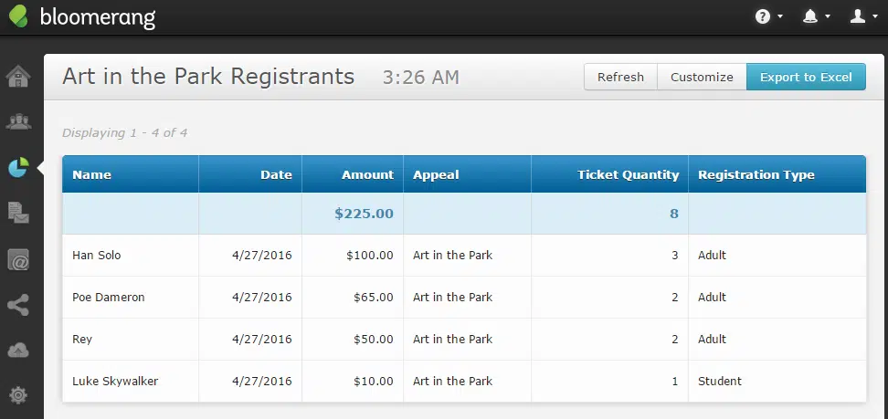 Registration report in Bloomerang