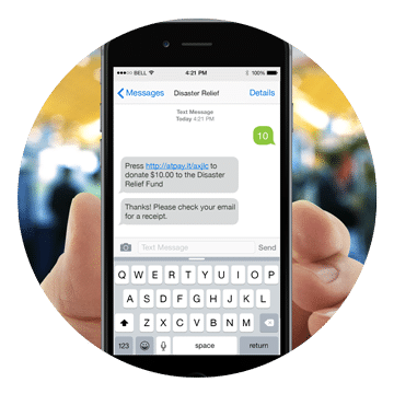 Example of how the text-to-give process works, showing a donor submitting a $10 donation
