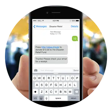 Example of how the text-to-give process works, showing a donor submitting a $10 donation