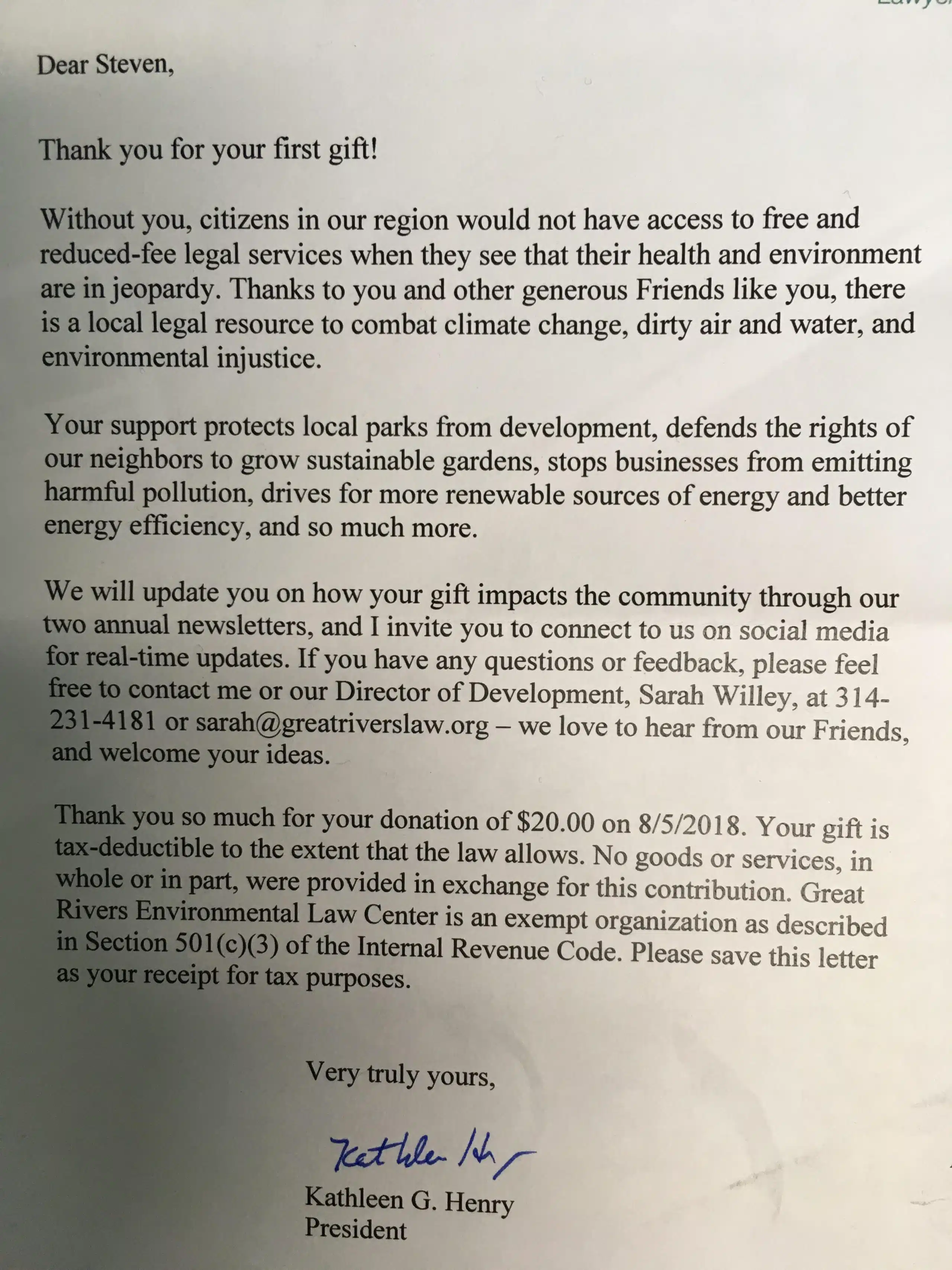 Great Rivers thank you letter gift acknowledgement