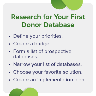 To research your first donor database, you’ll need to follow a specific list of processes.