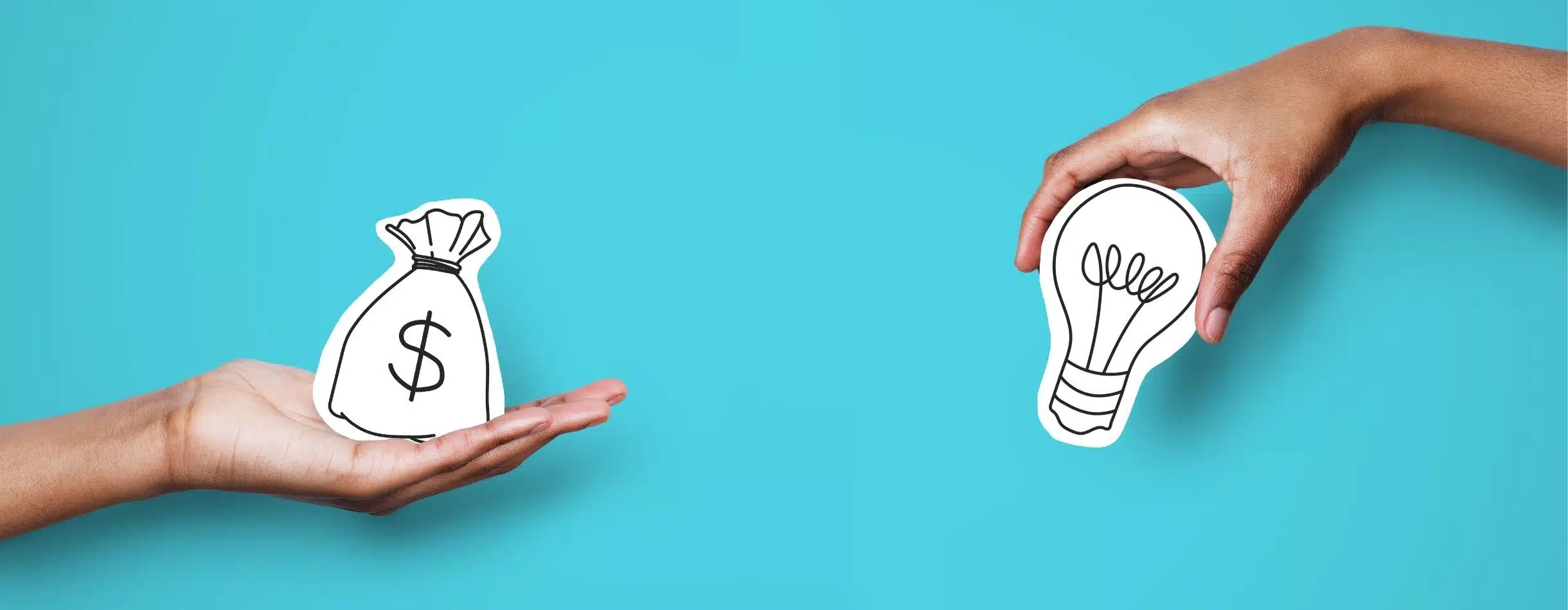 Two hands exchanging money, represented by a paper bag with a dollar sign on it, for resources, represented by a light bulb.