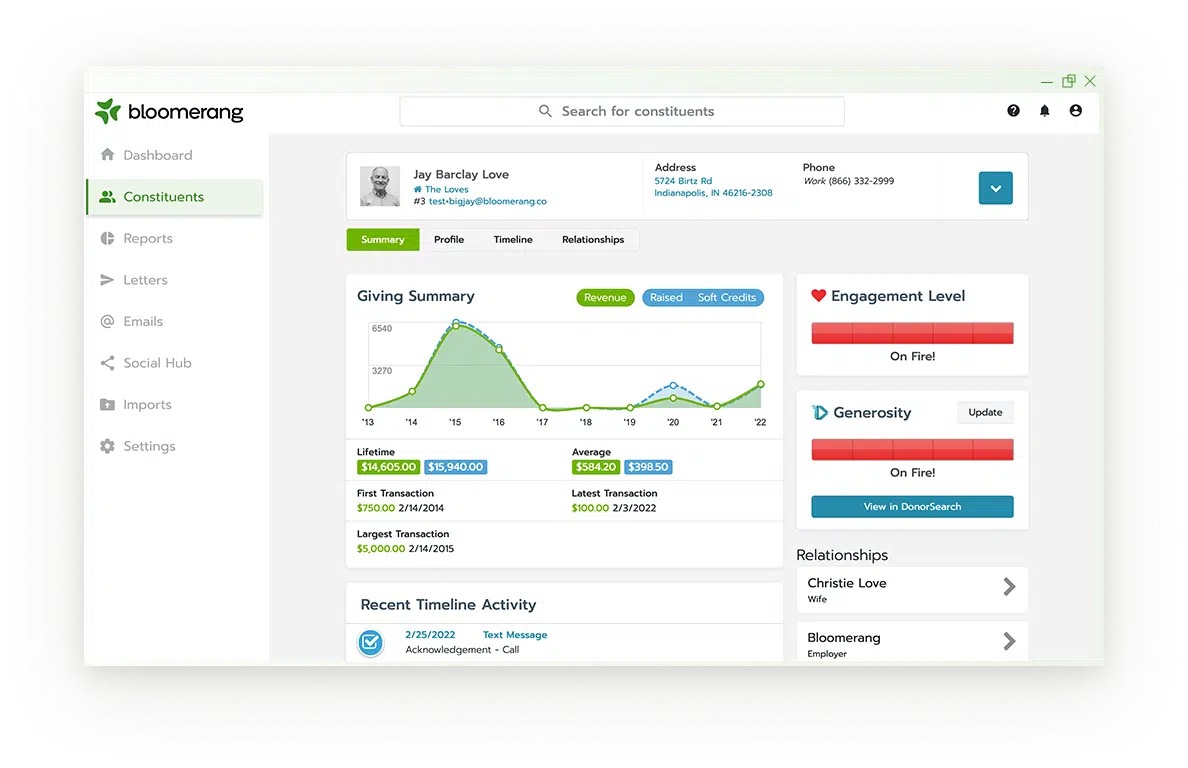 Desktop user interface of Bloomerang's software showing donor insights