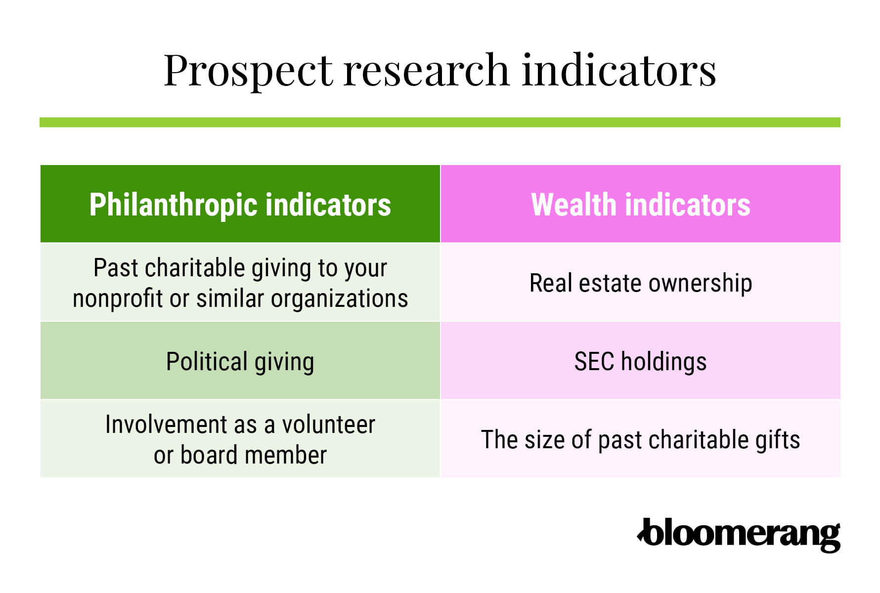 Philanthropic and wealth-related prospect research indicators (explained below)