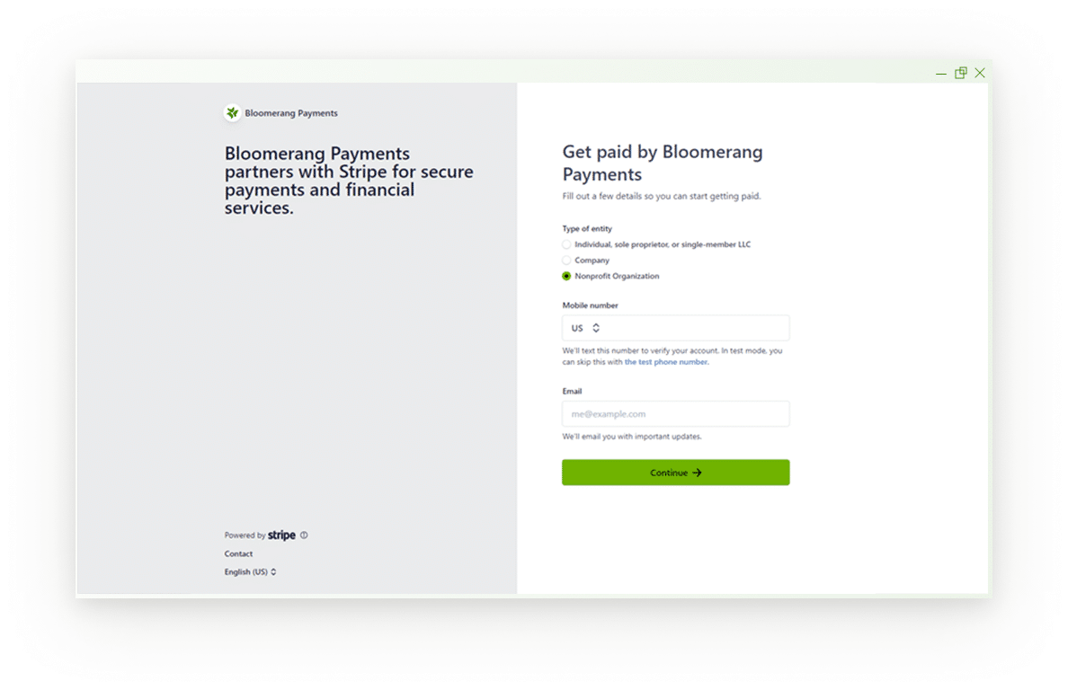 An application window is shown for users to set up Bloomerang Payments with Stripe. It only has fields that ask for type of entity, mobile number, and email.