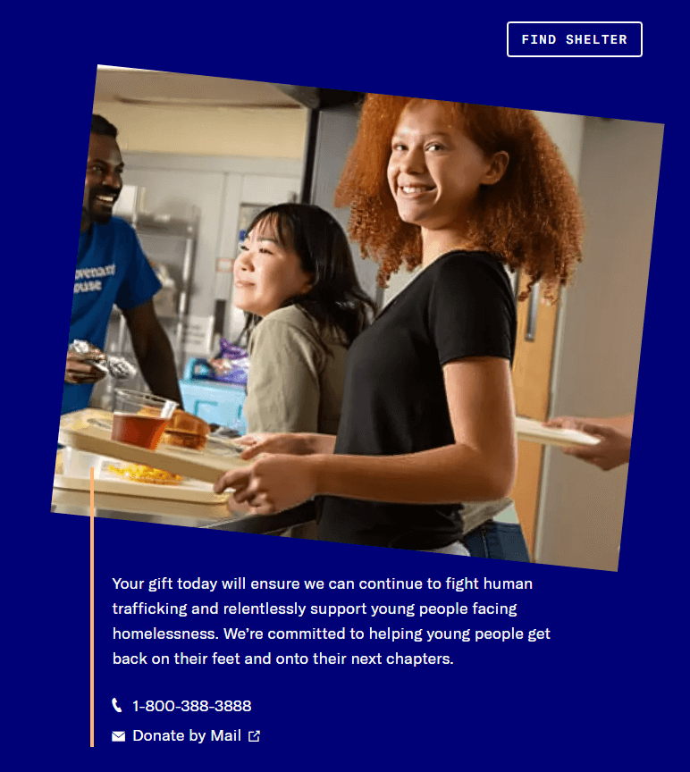 This image shows the compelling image on the Covenant House donation page. 