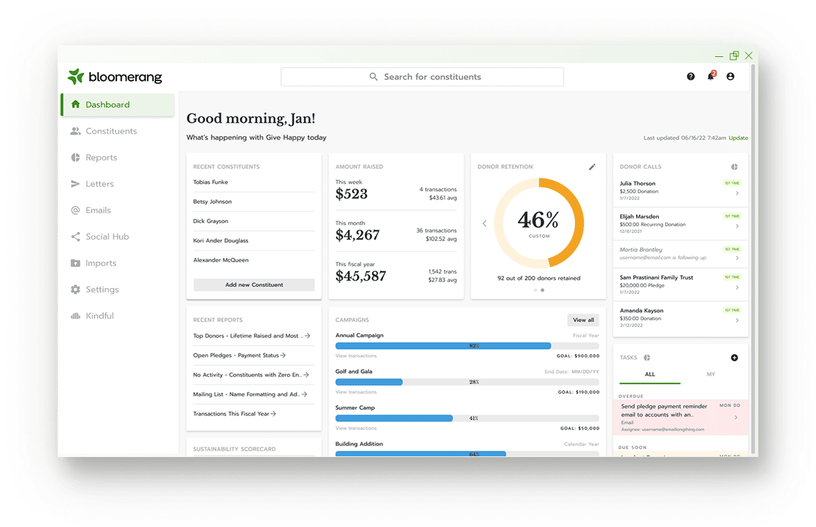 Bloomerang's Donor Database Dashboard is shown, highlighting key metrics of an example nonprofit called "Give Happy." Easily viewable metrics such as Recently Joined Constituents, Tasks for the nonprofit team to complete, current fundraising campaigns, quick links to previous reports, and a dial chart of a nonprofit's donor retention rate.