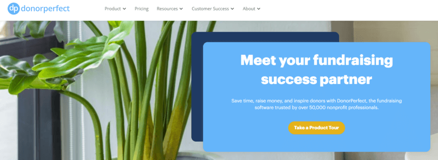 This screenshot shows the homepage for DonorPerfect, a nonprofit software solution for donor management.