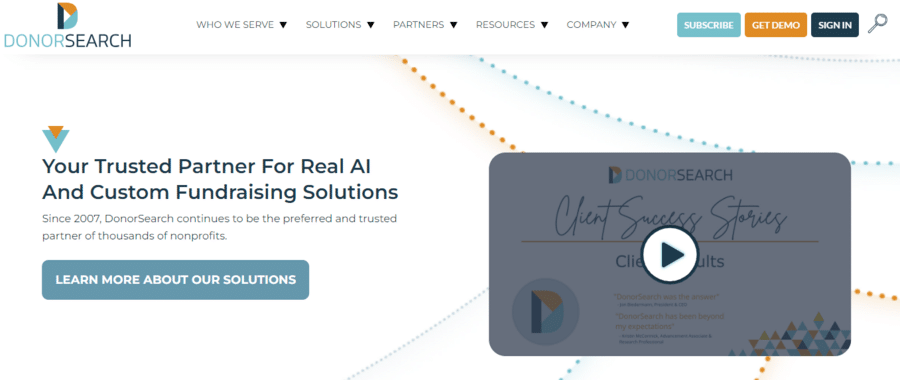 This screenshot shows the homepage for DonorSearch, a nonprofit software solution for data analytics and prospect research.