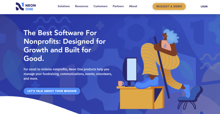 This screenshot shows the homepage for Neon CRM, a nonprofit software solution for donor management.
