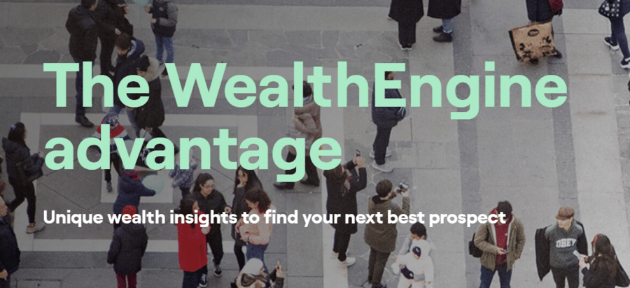 This screenshot shows the homepage for WealthEngine, a nonprofit software solution for wealth screening.