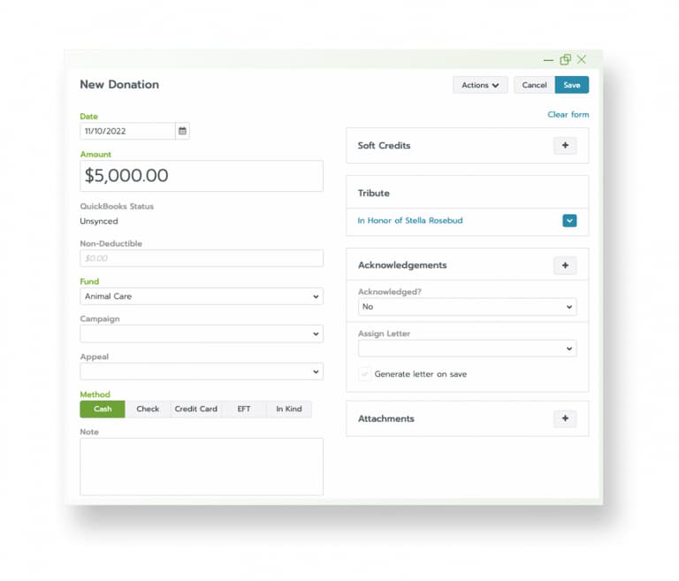 A screenshot showing how Bloomerang logs tribute donations in the donor management system.