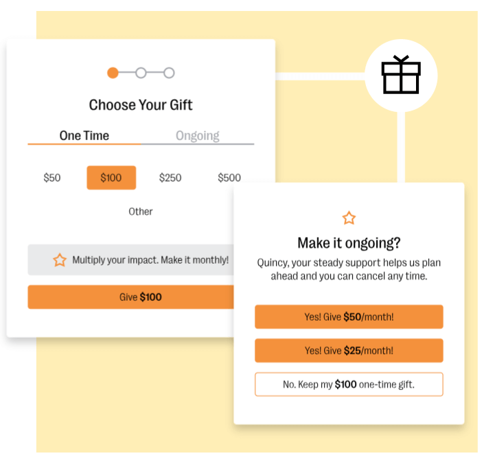 An example of sections from a donation form that allow donors to choose a suggested gift amount and make their donation recurring