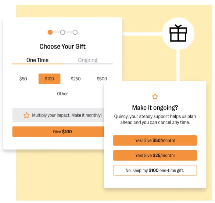 An example of sections from a donation form that allow donors to choose a suggested gift amount and make their donation recurring