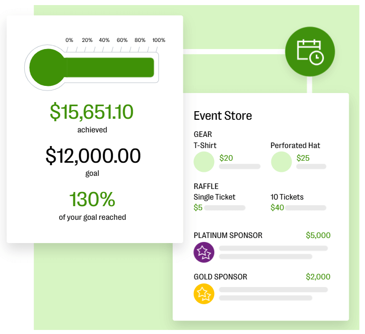 Product image showing how Bloomerang’s peer-to-peer fundraising software works, with a fundraising thermometer and event-related fundraising updates