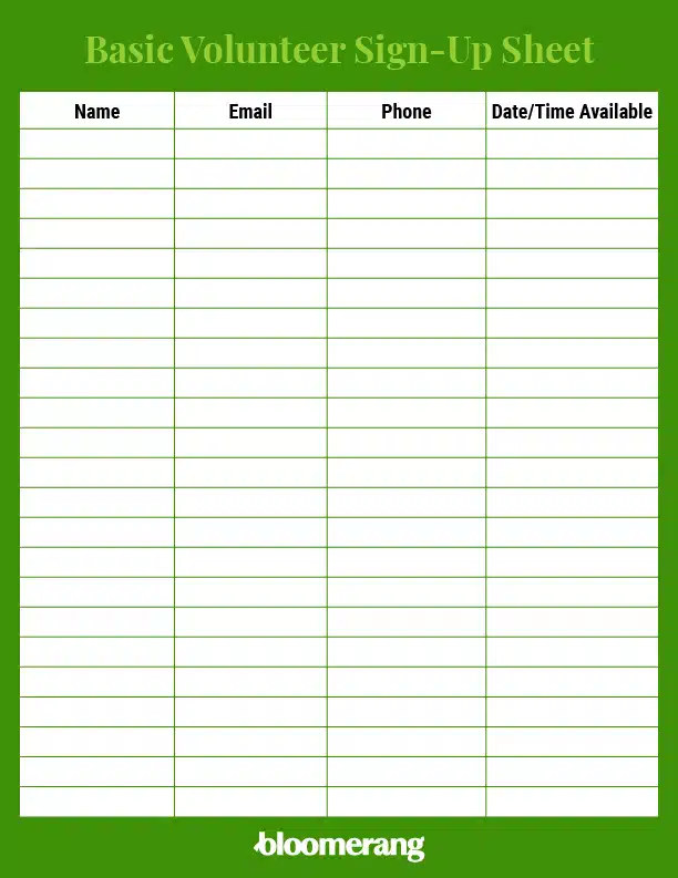 Basic volunteer sign-up sheet template