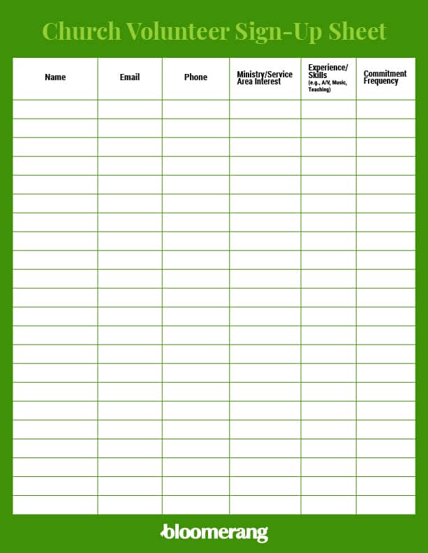 Church volunteer sign-up sheet template