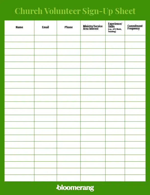Church volunteer sign-up sheet template