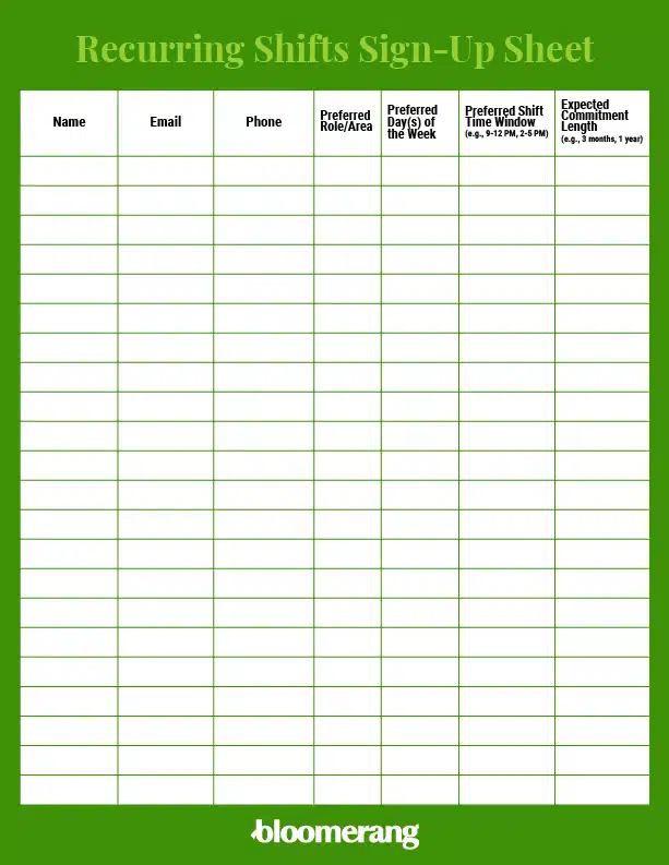 Recurring shifts sign-up sheet template