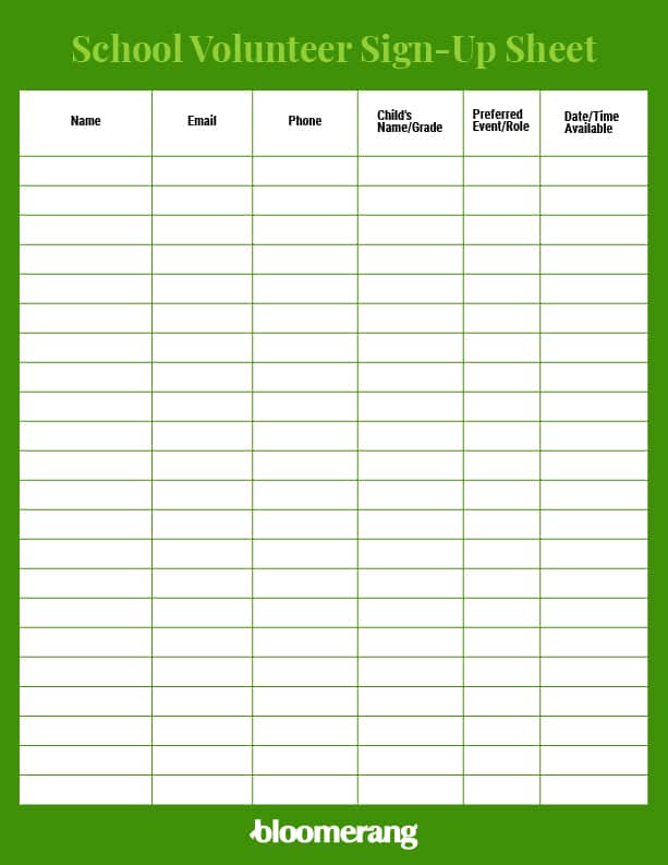 School volunteer sign-up sheet template