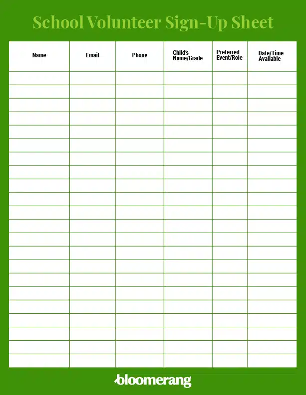 School volunteer sign-up sheet template