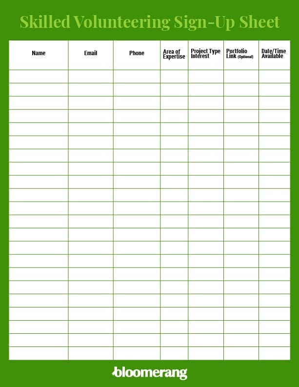 Skilled volunteering sign-up sheet template