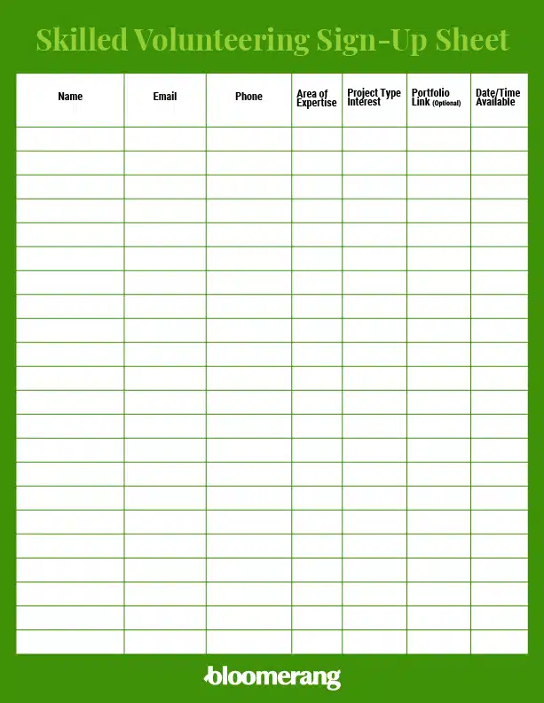 Skilled volunteering sign-up sheet template