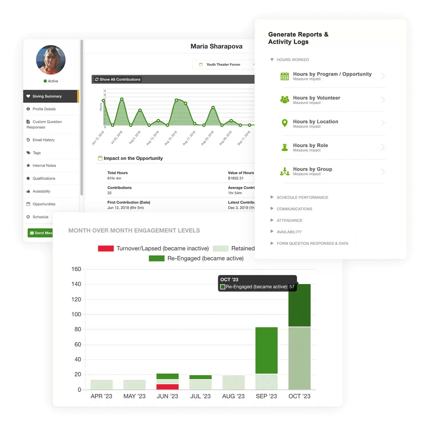 Bloomerang Volunteer product image showing features like volunteer engagement, hours and activity logs, and contribution summaries.