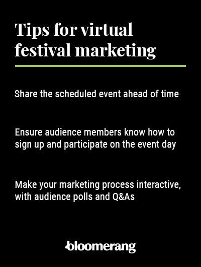 Infographic showing tips for virtual festival marketing, laid out in the text below. 