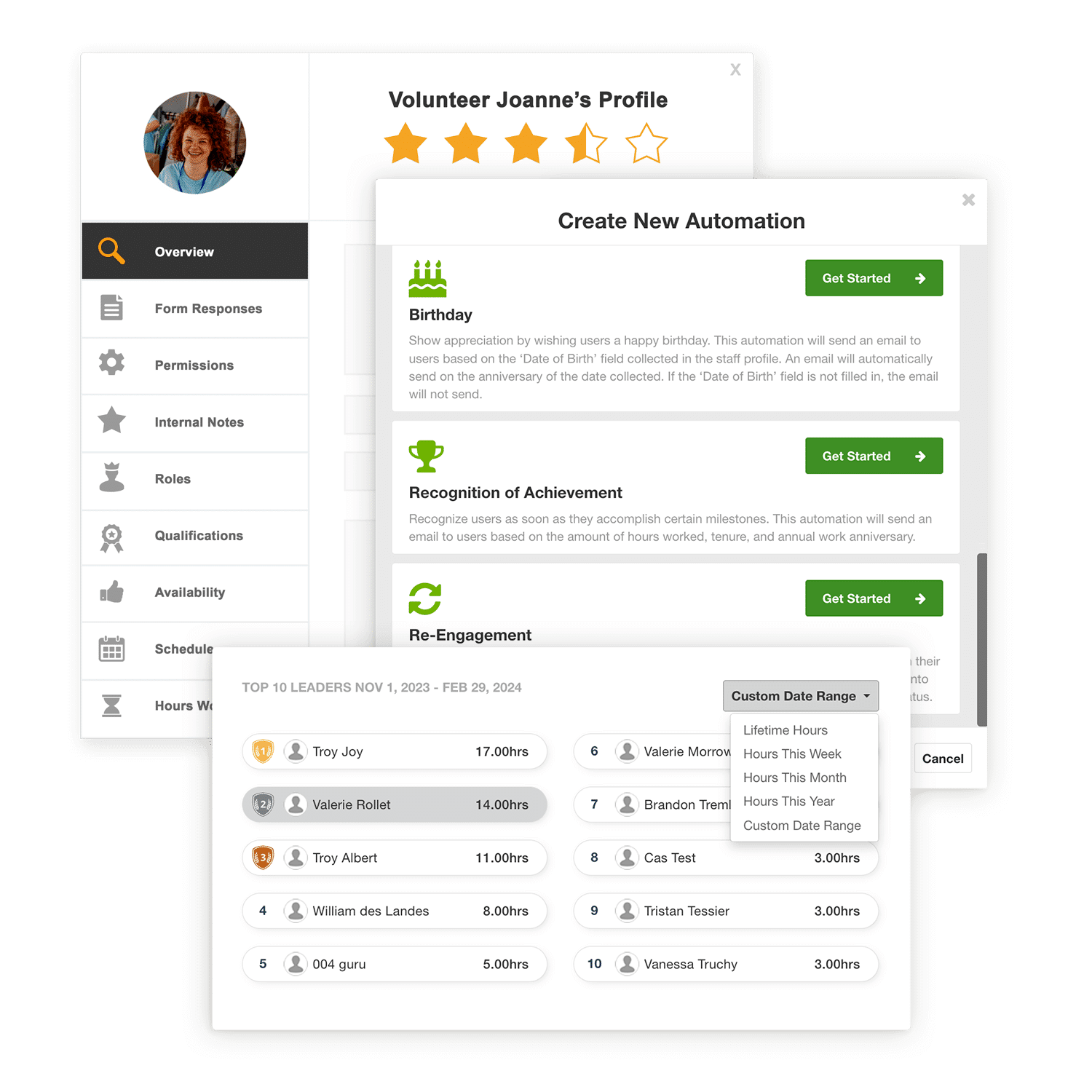 Product images showing automation capabilities and volunteer profiles in Bloomerang’s volunteer scheduling software