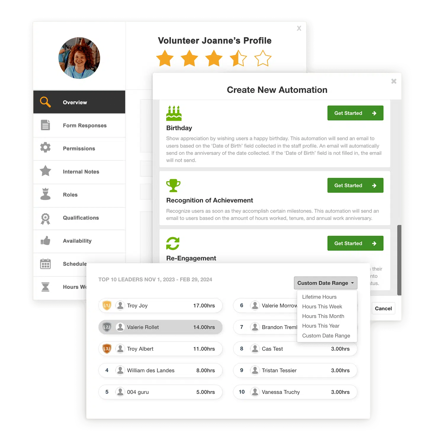 Product images showing automation capabilities and volunteer profiles in Bloomerang’s volunteer scheduling software