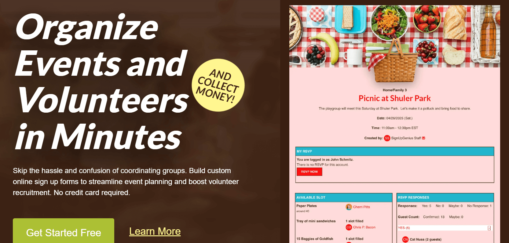 Homepage for SignUpGenius, a platform for volunteer scheduling