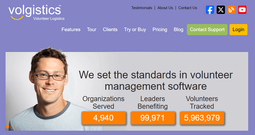 Homepage for Volgistics, a volunteer scheduling tool