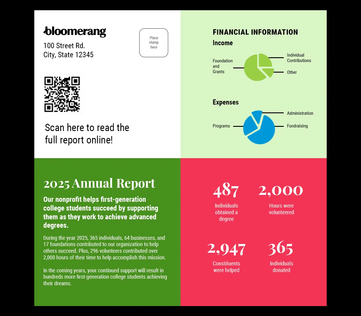 This template shows what a nonprofit annual report might look like in postcard format. 