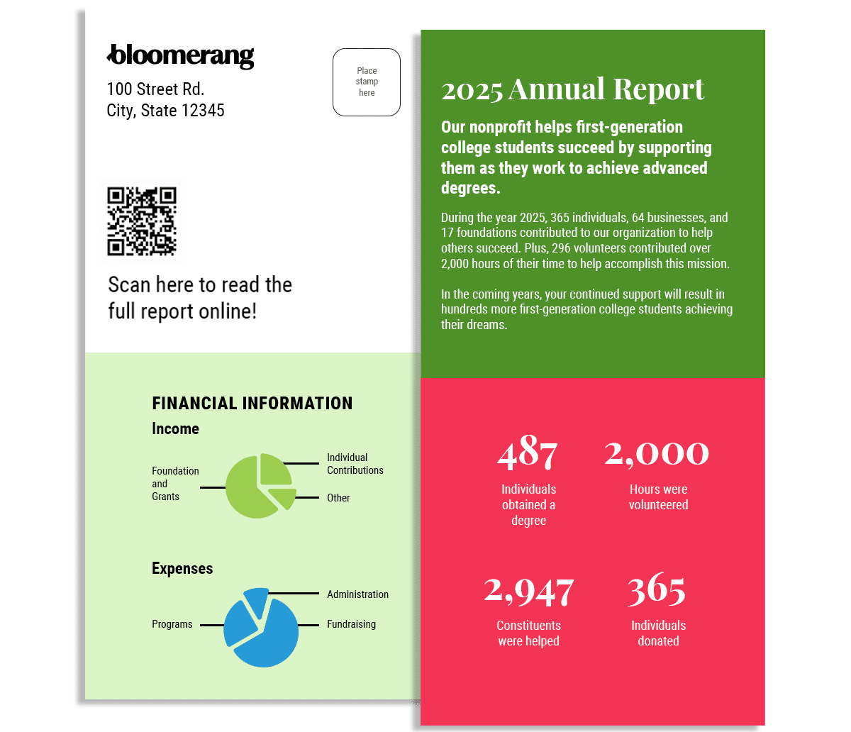 This is a template for what a self-mailer nonprofit annual report might look like. 