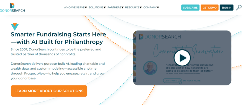 Screenshot of DonorSearch’s homepage