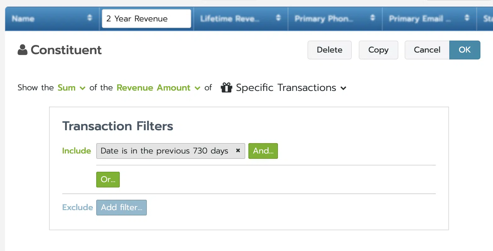 Bloomerang CRM with custom column image