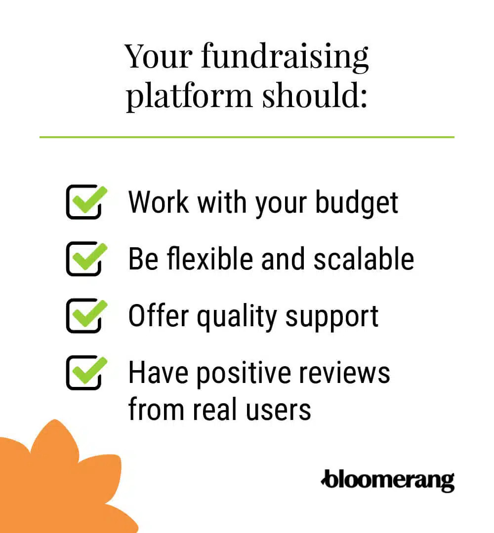 Your fundraising platform should: work with your budget, be flexible and scalable, offer quality support, have positive reviews from real users. 