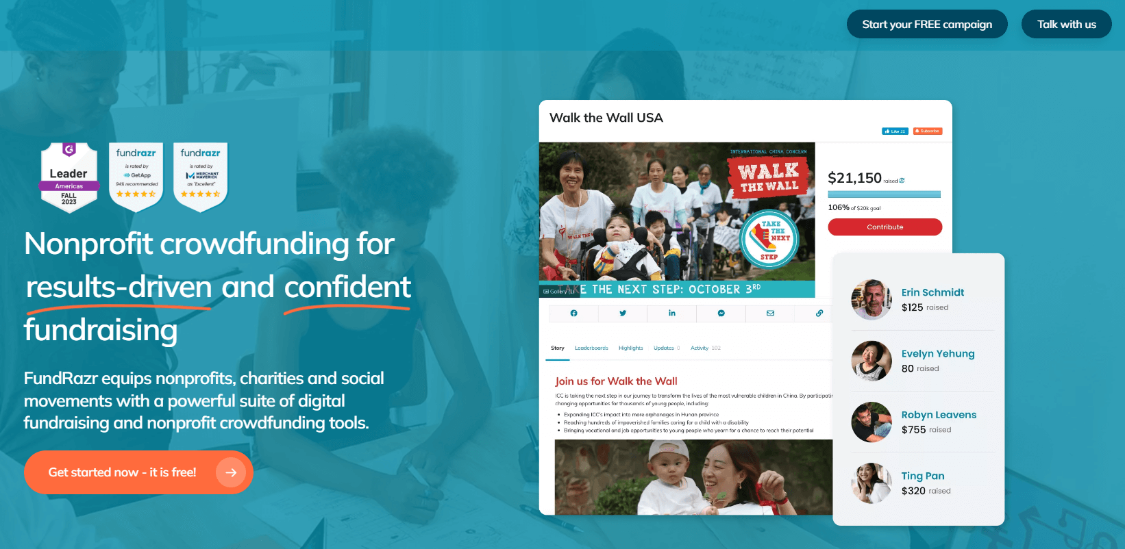Screenshot of the FundRazr homepage, a crowdfunding website for nonprofits and individuals