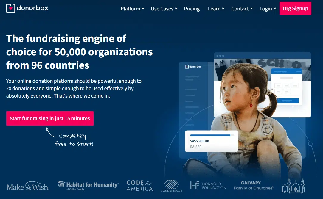 This screenshot shows the Donorbox homepage, a top fundraising tool for nonprofits