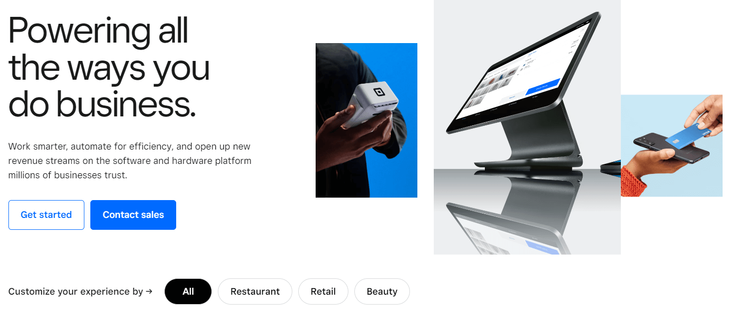 Screenshot of the Square homepage, a payment processing option for nonprofits