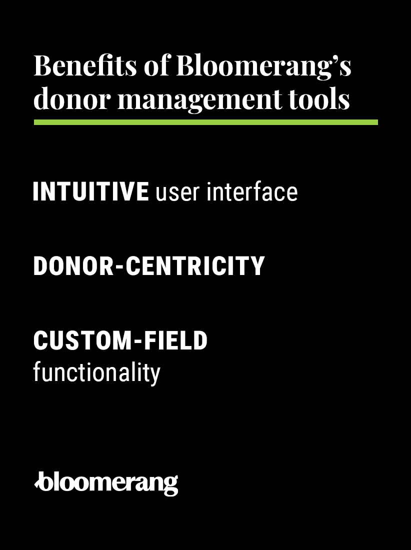 Benefits of Bloomerang's donor management tools, as listed above